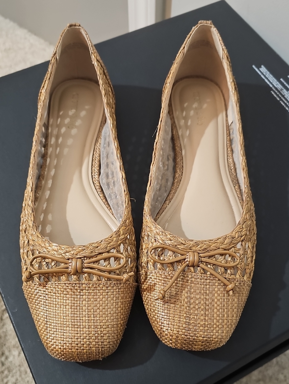 crown & ivy Woven Tan Ballet Flats with Bow Accent